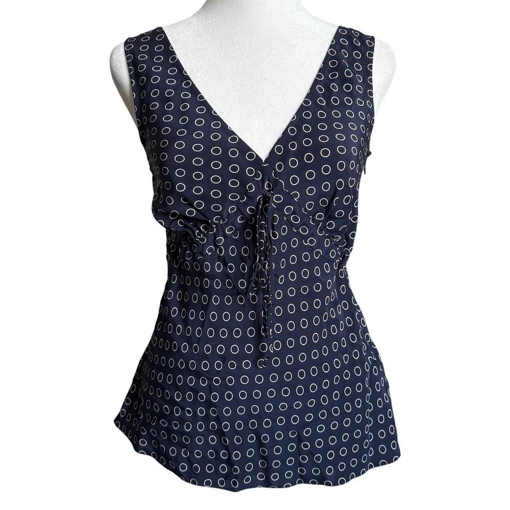 VTG Y2K Navy Blue Polka Dot 100% silk Tank Top Tie Front Babydoll Cami Sz Small